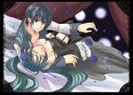  1girl bad_id bad_pixiv_id bed blue_eyes blue_hair breasts cantarella_(vocaloid) cleavage closed_eyes dress flower garter_straps green_hair hatsune_miku kaito lace large_breasts long_hair lying nanami_kazusa on_back petals rose smile thighhighs twintails vocaloid 