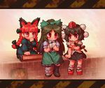  animal_ears black_hair black_wings blood braid cat_ears cat_tail geta hair_ribbon hat kaenbyou_rin long_hair multiple_girls nosebleed photo_(object) red_eyes red_hair reiuji_utsuho ribbon sankuma shameimaru_aya short_hair tail tengu-geta tokin_hat touhou twin_braids twintails wings 