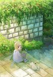  bird blonde_hair bush fairy_wings foliage hair_bun morikawa_sumio original pigeon short_hair sitting sitting_on_stairs solo stairs stone_wall tears wall wings 