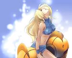  :d arm_support armor artist_request bare_shoulders blonde_hair blue_background blue_eyes breasts cowboy_shot crop_top from_side glowing halterneck large_breasts light_particles long_hair looking_up lowres metroid metroid_fusion midriff navel official_art open_mouth power_suit profile samus_aran short_shorts shorts sleeveless smile solo turtleneck undressing varia_suit very_long_hair wristband 