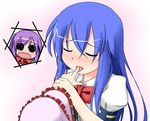  blue_hair blush finger_licking hinanawi_tenshi ichimi inset licking long_hair multiple_girls nagae_iku no_hat no_headwear touhou 