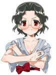  bad_id bad_pixiv_id blush bow fang glasses green_hair hands japanese_clothes kasuga_souichi kimono mahjong red_eyes ribbon saki short_hair smirk solo someya_mako tasuki yukata 