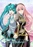  blue_eyes blue_hair blue_nails blush detached_sleeves happy hatsune_miku heart highres holding_hands kitano_tomotoshi long_hair megurine_luka multiple_girls nail_polish necktie pink_hair side_slit skirt thighhighs twintails very_long_hair vocaloid zettai_ryouiki 