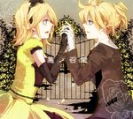  1girl aku_no_musume_(vocaloid) allen_avadonia bad_id bad_pixiv_id blonde_hair blue_eyes brother_and_sister dress elbow_gloves evillious_nendaiki formal gloves hair_ribbon holding_hands kagamine_len kagamine_rin kusa_chuu ribbon riliane_lucifen_d'autriche short_hair siblings twins vocaloid 