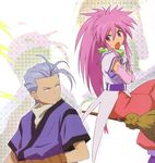  1girl arche_klein artist_request broom chester_barklight elbow_gloves gloves grey_hair highres jitome long_hair official_art pants pink_eyes pink_hair pink_pants ponytail tales_of_(series) tales_of_phantasia wide_ponytail 