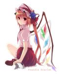  backlighting bad_id bad_pixiv_id blonde_hair dress_shirt engrish flandre_scarlet hase_neet hat indian_style long_hair looking_back necktie ponytail ranguage red_eyes shirt shoes sitting skull smile solo touhou very_long_hair wings 