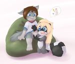  ball_fondling balls blonde_hair blue_eyes brown_hair canine clothing cub dog female hair ketsa male mammal open_mouth penis plain_background pussy raccoon straight white_background young 