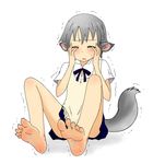  animal_ears animal_tail barefoot female grey_hair hair human human_feet mammal plantigrade soles toes unknown_artist 