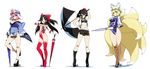  adapted_costume alternate_costume bare_shoulders black_hair blonde_hair blue_leotard blush boots breasts choker cleavage closed_umbrella crossed_legs fan folding_fan fox_tail full_body hakurei_reimu half_updo hand_on_hip hat highleg highleg_leotard highres hyouju_issei jacket japanese_clothes kimono large_breasts leaf_print leotard looking_at_viewer multiple_girls multiple_tails navel pink_eyes pink_hair planted_umbrella platform_footwear platform_heels pointy_ears race_queen red_eyes red_leotard saigyouji_yuyuko shameimaru_aya short_hair short_kimono simple_background smile standing standing_on_one_leg stitched strapless tail thigh_boots thighhighs third-party_edit tokin_hat touhou triangular_headpiece tubetop umbrella watson_cross white_background yakumo_ran yellow_eyes 