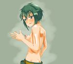  artist_request ass blush green_eyes green_hair kino kino_no_tabi nipple_pull nude ouch pants short_hair simple_background small_breasts solo steam string topless 