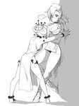  2girls against_wall back backless_outfit bad_id bad_pixiv_id breasts choker cleavage corner crossed_arms dress greyscale hair_ornament hair_rings hospital_gown large_breasts monochrome multiple_girls ng_(kimjae737) painwheel_(skullgirls) red_eyes scar short_dress skull_hair_ornament skullgirls spot_color surgical_mask valentine_(skullgirls) yuri 