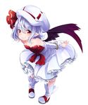  alternate_costume bare_shoulders bat_wings blue_hair bowing bracelet detached_sleeves hat jewelry kedama_milk leaning_forward looking_at_viewer outstretched_arms pigeon-toed pointy_ears red_eyes remilia_scarlet short_hair simple_background smile solo spread_arms touhou white_background wings 