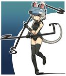  :/ animal_ears bangs black_footwear black_gloves black_legwear blush boots breasts busou_shinki crossed_arms doll_joints dowsing_rod dual_wielding expressionless full_body gloves gradient gradient_background grey_hair holding index_finger_raised leg_lift leotard looking_at_viewer mouse_ears mouse_tail nazrin no_nose outline parody red_eyes shadow short_hair small_breasts solo standing standing_on_one_leg tail thigh_boots thighhighs touhou yudepii 
