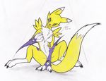  anthro black_nose blue_eyes breasts canine chest_tuft claws color digimon facial_markings female fox fur gloves looking_at_viewer magnificent-arsehole mammal markings plain_background renamon smile solo tuft white_fur yellow_fur 