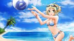  absurdres ahoge aizawa_inori ball barefoot beach bikini bracelet breasts cloud collateral_damage_studios commentary day drill_hair english_commentary eyewear_on_head green_eyes greenteaneko hair_ornament highres internet_explorer jewelry medium_breasts navel o-ring o-ring_bottom ocean official_art open_mouth os-tan outdoors palm_tree personification side_ponytail sky solo sunglasses swimsuit tree wallpaper water 