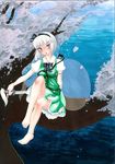  barefoot blue_eyes bob_cut bow cherry_blossoms hair_bow highres in_tree katana konpaku_youmu kurone silver_hair sitting sitting_in_tree solo sword touhou tree weapon 