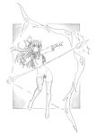  :o aiming akemi_homura arrow black_hair bow_(weapon) breasts drawing_bow floating floating_object full_body greyscale hair_ribbon harumachi_nagaaki highres long_hair maebari mahou_shoujo_madoka_magica md5_mismatch monochrome navel outstretched_arm pointing revealing_clothes ribbon small_breasts solo thighhighs underboob weapon white_background 