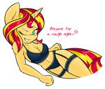  &lt;3 absurd_res ambris anthro anthrofied blonde_hair bra breasts cleavage clothed clothing english_text equestria_girls equine female fur green_eyes grin hair hi_res horn lingerie looking_at_viewer mammal my_little_pony one_eye_closed panties plain_background red_hair smile solo sunset_shimmer_(eg) text two_tone_hair underwear unicorn white_background wink yellow_fur 