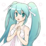  aqua_eyes aqua_hair hair_ribbon hands_together hatsune_miku long_hair looking_at_viewer miyo_(scarlet) open_mouth ribbon solo twintails vocaloid white_background 