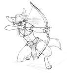 anthro archer armband barefoot bow_(weapon) canine claws clothed clothing ear_piercing female fennec fox mammal midriff monochrome piercing plain_background ranged_weapon sketch solo titaniarose toe_claws weapon white_background 