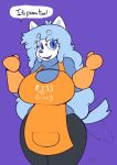  anthro apron big_breasts blue_eyes blue_hair breasts canine clothing english_text female fur hair mammal oven_mitts sirphilliam smile tailwag text turtleneck winter_(sirphilliam) wolf 