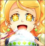  1girl :d blonde_hair bowl chopsticks close-up cure_honey earrings eating eyelashes food happinesscharge_precure! jewelry long_hair magical_girl oomori_yuuko open_mouth precure rice rice_bowl smile solo sparkle yamashiro_yoshifumi yellow_eyes 