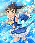  artist_request black_eyes black_hair blue_dress blue_gloves blue_ribbon building dress fukuyama_mai gloves idolmaster idolmaster_cinderella_girls jpeg_artifacts magical_girl official_art ponytail ribbon smile solo tree wand water 