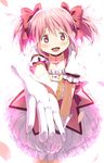  4b-enpitsu bad_id bad_pixiv_id blush bow foreshortening gloves hair_bow kaname_madoka magical_girl mahou_shoujo_madoka_magica petals pink_eyes pink_hair ribbon short_hair short_twintails smile solo tail twintails 