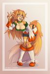  blonde_hair blush boots breasts brown_nose canine cleavage clothed clothing fangs female fox fur hair hi_res long_hair looking_up mammal necklace nerdbayne open_mouth shorts smile solo standing teeth thighs yellow_eyes yellow_fur 