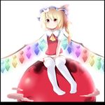  ascot blonde_hair flandre_scarlet hat highres magicalchan mob_cap no_pants panties puffy_short_sleeves puffy_sleeves red_eyes red_panties short_sleeves side-tie_panties side_ponytail sitting sitting_on_object smile sphere striped striped_panties thighhighs touhou underwear white_legwear wings 