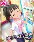  artist_request black_hair card_(medium) character_name closed_eyes flower_(symbol) fukuyama_mai idolmaster idolmaster_cinderella_girls jpeg_artifacts official_art pants ponytail smile solo sweatband towel track_pants 