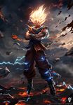  blonde_hair boots bryan_marvin_p._sola crossed_arms dougi dragon_ball dragon_ball_z electricity floating full_body glowing glowing_eyes glowing_hair male_focus muscle no_pupils serious sleeveless solo son_gokuu spiked_hair super_saiyan torn_clothes wristband yellow_eyes 