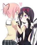  akemi_homura akuma_homura bare_shoulders black_gloves black_hair black_wings blush bow dress elbow_gloves eye_contact feathered_wings gloves hair_bow hair_ribbon hand_on_another's_cheek hand_on_another's_face heart holding_hands interlocked_fingers kaname_madoka long_hair looking_at_another mahou_shoujo_madoka_magica mahou_shoujo_madoka_magica_movie multiple_girls pink_eyes pink_hair purple_eyes ribbon school_uniform short_hair short_twintails simple_background smile spoilers tatsuyoshi_(zawahomura) twintails white_background wings yuri 