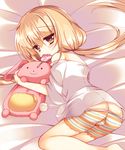  ass bike_shorts blonde_hair blush brown_eyes candy food futaba_anzu highres idolmaster idolmaster_cinderella_girls lollipop long_hair looking_at_viewer low_twintails lying mouth_hold on_side shirt shorts shorts_pull smile solo striped striped_bike_shorts stuffed_animal stuffed_bunny stuffed_toy suzune_rena twintails white_shirt 