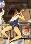  armpits asanagi barefoot blush brown_eyes brown_hair can fan feet food from_above fruit highres i-401_(kantai_collection) kantai_collection kayari_buta long_hair looking_at_viewer lying one-piece_swimsuit paper_fan ponytail popsicle revision sailor_collar school_swimsuit school_uniform sexually_suggestive shiny shiny_clothes shiny_skin short_hair short_ponytail solo sweat swimsuit swimsuit_under_clothes tan tatami toes uchiwa veranda watermelon watermelon_seeds wind_chime 