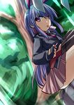  animal_ears black_hair bullet bunny_ears cartridge glint gun hemogurobin_a1c long_hair miniskirt mouth_hold necktie purple_hair red_eyes reisen_udongein_inaba reloading rifle scope skirt solo touhou weapon 