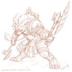  angry armor arrow axe charr claws fangs feline guild_wars guild_wars_2 horn line_art looking_at_viewer male mammal monochrome quiver skepsisfox video_games weapon whiskers 