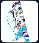  aqua_hair blue_eyes blush chibi fang hat hatsune_miku hood japanese_clothes kimono leaf mami_(sweetcandy) mittens multiple_girls open_mouth peeking_out snowflakes uchikake vocaloid yuki_miku 