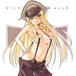  bakuretsu_hunters bismarck_(kantai_collection) blonde_hair blush breasts chocolate_misu chocolate_misu_(cosplay) cosplay green_eyes hat highres kantai_collection long_hair looking_at_viewer medium_breasts military_hat naked_suspenders no_panties oota_yuuichi open_mouth pants parody peaked_cap solo standing suspenders topless 