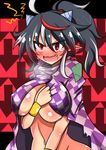  black_hair blush cape checkered commentary_request directional_arrow embarrassed fang horns kijin_seija multicolored_hair naked_cape pointy_ears ponytail red_eyes red_hair rindou_(p41neko) solo streaked_hair tears touhou white_hair 