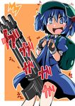  1girl :d backpack bag between_thighs blue_eyes blue_hair collared_shirt commentary crazy_smile dress dress_lift fingerless_gloves gatling_gun gloves gun hair_bobbles hair_ornament hat hemogurobin_a1c kawashiro_nitori messy_hair open_mouth phallic_symbol puffy_sleeves ringed_eyes sexually_suggestive shirt short_sleeves short_twintails skirt skirt_lift smile solo touhou trembling twintails two_side_up weapon 