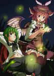  animal_ears antennae arms_behind_head ascot bow cape dress fingernails fireflies green_eyes green_hair hat highres multiple_girls mystia_lorelei night open_mouth pink_hair purple_eyes sekira_ame sharp_fingernails short_hair smile touhou wings wriggle_nightbug 