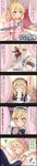  5koma :d blonde_hair blush bow character_name cinderella_girls_gekijou closed_eyes colorized comic dress green_eyes hair_ornament hairband highres idolmaster idolmaster_cinderella_girls lolita_hairband long_image official_art on_bed open_mouth pajamas pillow producer_(idolmaster) sakurai_momoka short_hair sleep_mask sleeping smile tall_image translated under_covers 