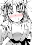 1girl bangs blush bow breasts breasts_apart commentary_request cup drinking_glass eyebrows_visible_through_hair fingernails greyscale hair_bow holding holding_cup japanese_clothes kagerou_(kantai_collection) kantai_collection kimono leaning_forward looking_at_viewer miyuki_yaya monochrome navel no_bra nose_blush open_clothes open_kimono open_mouth parted_bangs sash small_breasts solo spot_color two_side_up 