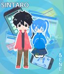  1girl bad_id bad_pixiv_id black_eyes black_hair blue_eyes blue_hair cellphone character_name chibi ene_(kagerou_project) jacket kagerou_project kisaragi_shintarou phone short_hair smartphone smile star star-shaped_pupils symbol-shaped_pupils track_jacket twintails 