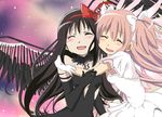  :d ^_^ akemi_homura akuma_homura bare_shoulders black_gloves black_hair black_wings bow closed_eyes dress elbow_gloves feathered_wings gloves hair_bow hair_ribbon hug kaname_madoka long_hair magical_girl mahou_shoujo_madoka_magica mahou_shoujo_madoka_magica_movie multiple_girls open_mouth pink_hair ribbon rino-ichigo smile space spoilers star_(sky) tears two_side_up ultimate_madoka wings yuri 