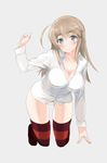  ahoge black_legwear blue_eyes bow bow_panties breasts brown_hair cleavage dress_shirt grey_background kneeling large_breasts leaning_forward long_hair looking_at_viewer no_pants oi_ke panties shirt simple_background smile solo striped striped_legwear thighhighs underwear white_panties wilma_bishop world_witches_series 