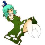 &gt;:) beckoning breasts dress ghost_tail green_dress green_eyes green_hair hand_on_own_chest hat large_breasts long_sleeves looking_at_viewer machi_no_dakashiya outstretched_arm outstretched_hand short_hair simple_background smile soga_no_tojiko solo tate_eboshi touhou v-shaped_eyebrows white_background 