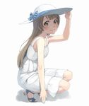  blush brown_hair dress full_body hand_on_headwear hat highres long_hair looking_at_viewer love_live! love_live!_school_idol_project minami_kotori oitsuki_(getsumen_diver) sandals simple_background smile solo squatting sun_hat sundress white_background white_dress yellow_eyes 