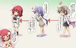  bare_legs barefoot blue_background blue_hair blush breasts brown_eyes brown_hair bust_chart directional_arrow gradient gradient_background heart horikawa_raiko lavender_hair long_hair medium_breasts multiple_girls necktie open_mouth red_eyes red_hair short_hair simple_background skirt smile thought_bubble touhou translated tsukumo_benben tsukumo_yatsuhashi yohane yuri 